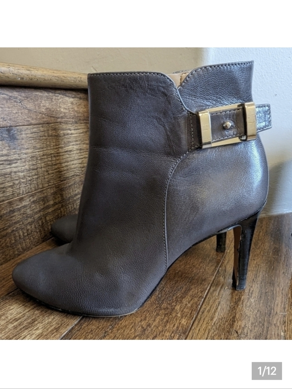 Nine West Palafox gray stiletto heel ankle boot, Size 5.5